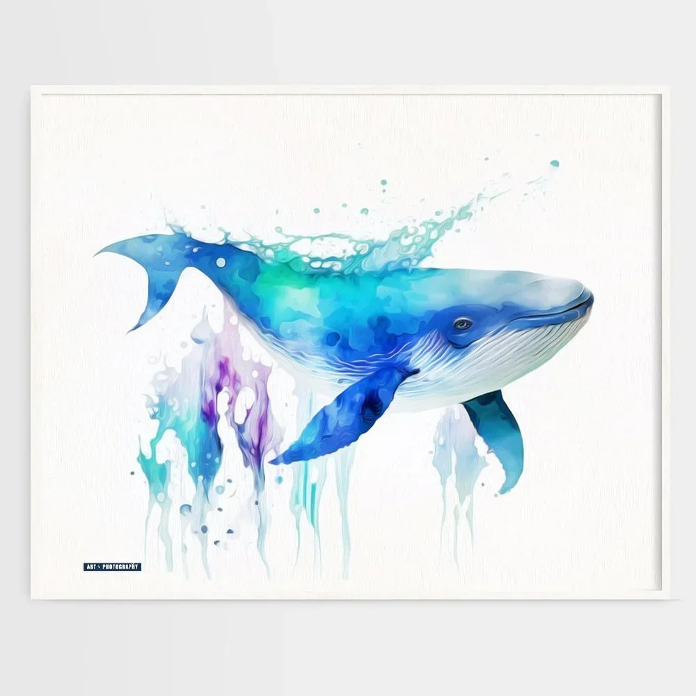 Blue Whale Watercolor Oil Painting Wall Art Print - Picture 1 of 7
